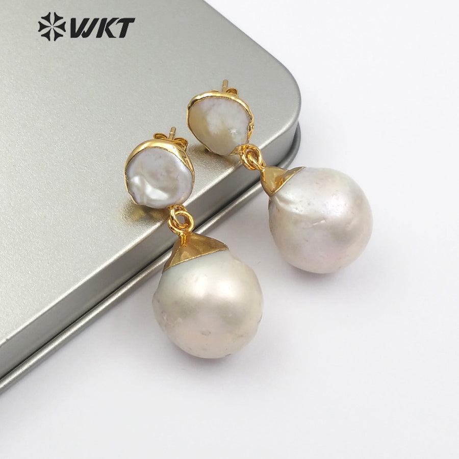 WT-E487 Bridal Wedding Jewelry White Pearl Earring or Gold Dipped Pearl Earring Jewelry Random Shape Baroque Pearl Earring