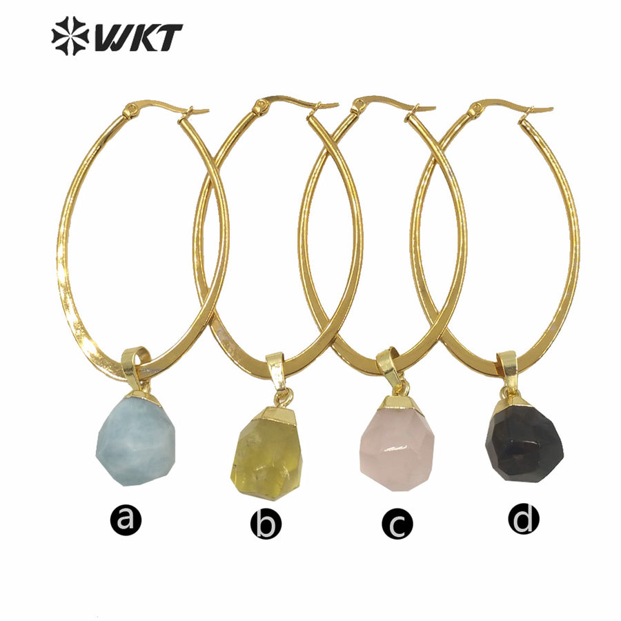 WT-E641 Wholesales WKT Exclusive Natural Gemstone Earrings Women Gold Electroplated Tiny Stone Earrings Big Boho Earrings