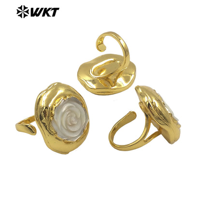 WT-MPR125 Newest Delicate Natural MOP Shell Ring Rose Flower Carved Shape Gold Plated Open Size Party Gift Female Jewelry