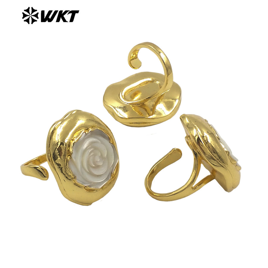 WT-MPR125 Newest Delicate Natural MOP Shell Ring Rose Flower Carved Shape Gold Plated Open Size Party Gift Female Jewelry