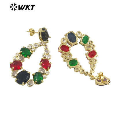 WT-ME087 Wholesale Fashion Micropaved Setting Cubic Zircon Dangle Earrings Studs 18k Real Gold Plated Teardrop Women Earrings