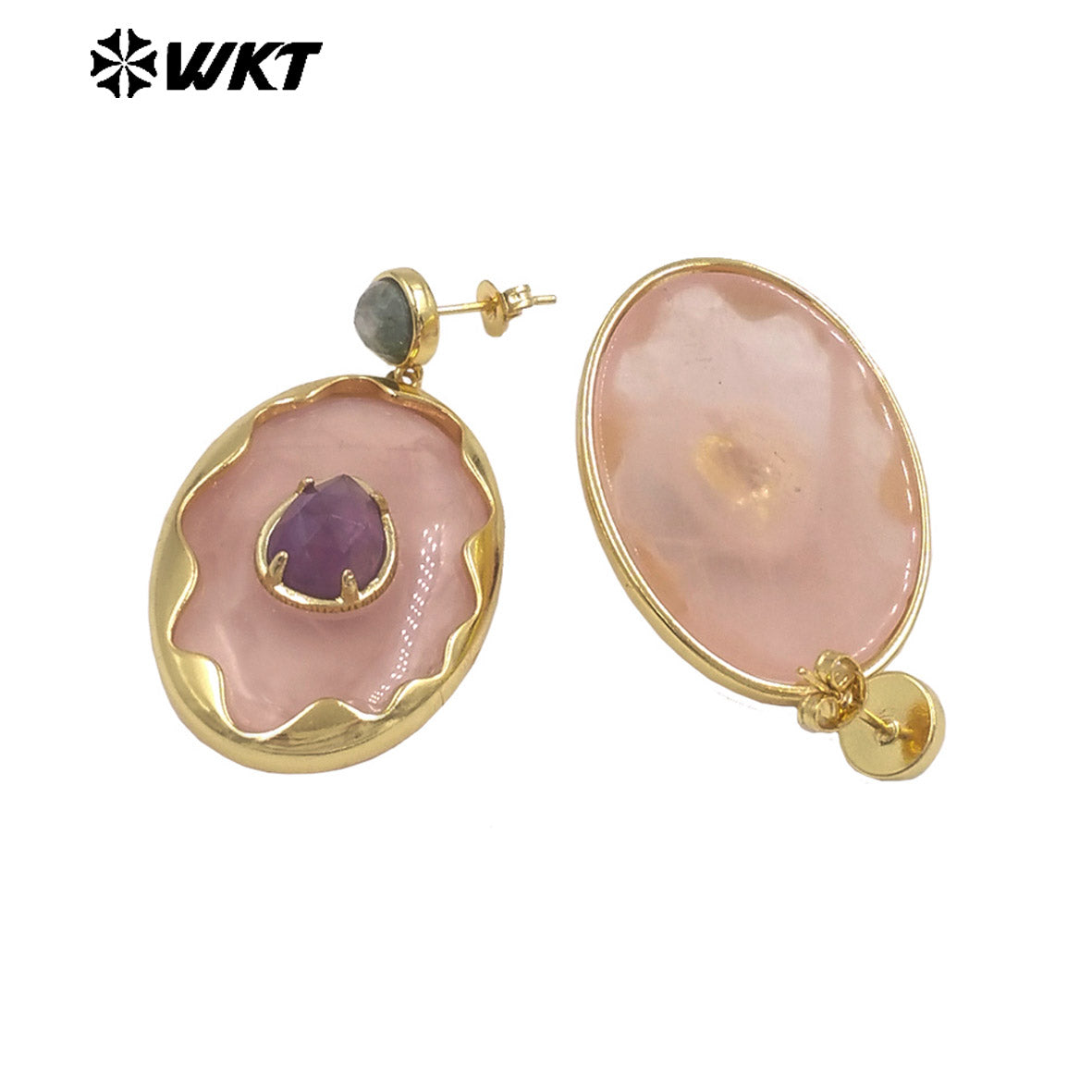 WT-E801 Gorgeous Romantic Style Gold Plated Various Natural Gemstones Big Pendant Earrings For Women Wedding Wearing Jewelry