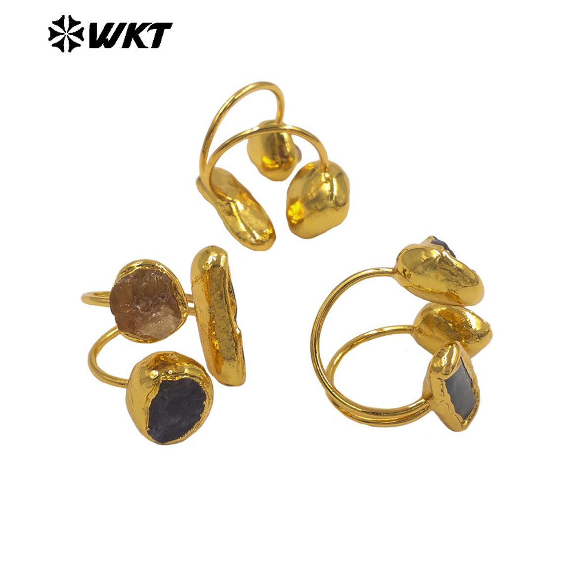 WT-R606 Vintage Style Gold Plated Three Natural Gemstones Triangle Women Adjustable Rings For Dance Party Matching Jewelry
