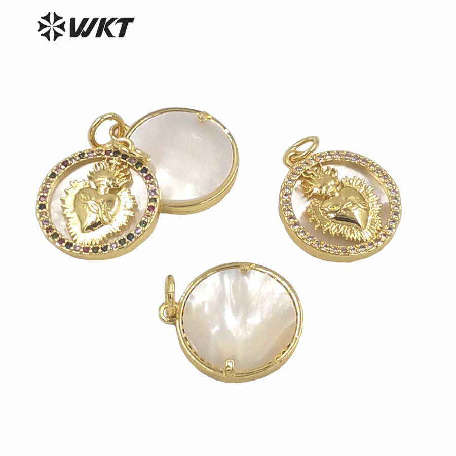 WT-MP167 Very Hot Sales Gold Electroplated Heart Shell Pendant love Heart Gold Mop CZ Setting Heart Women Religious Pendant
