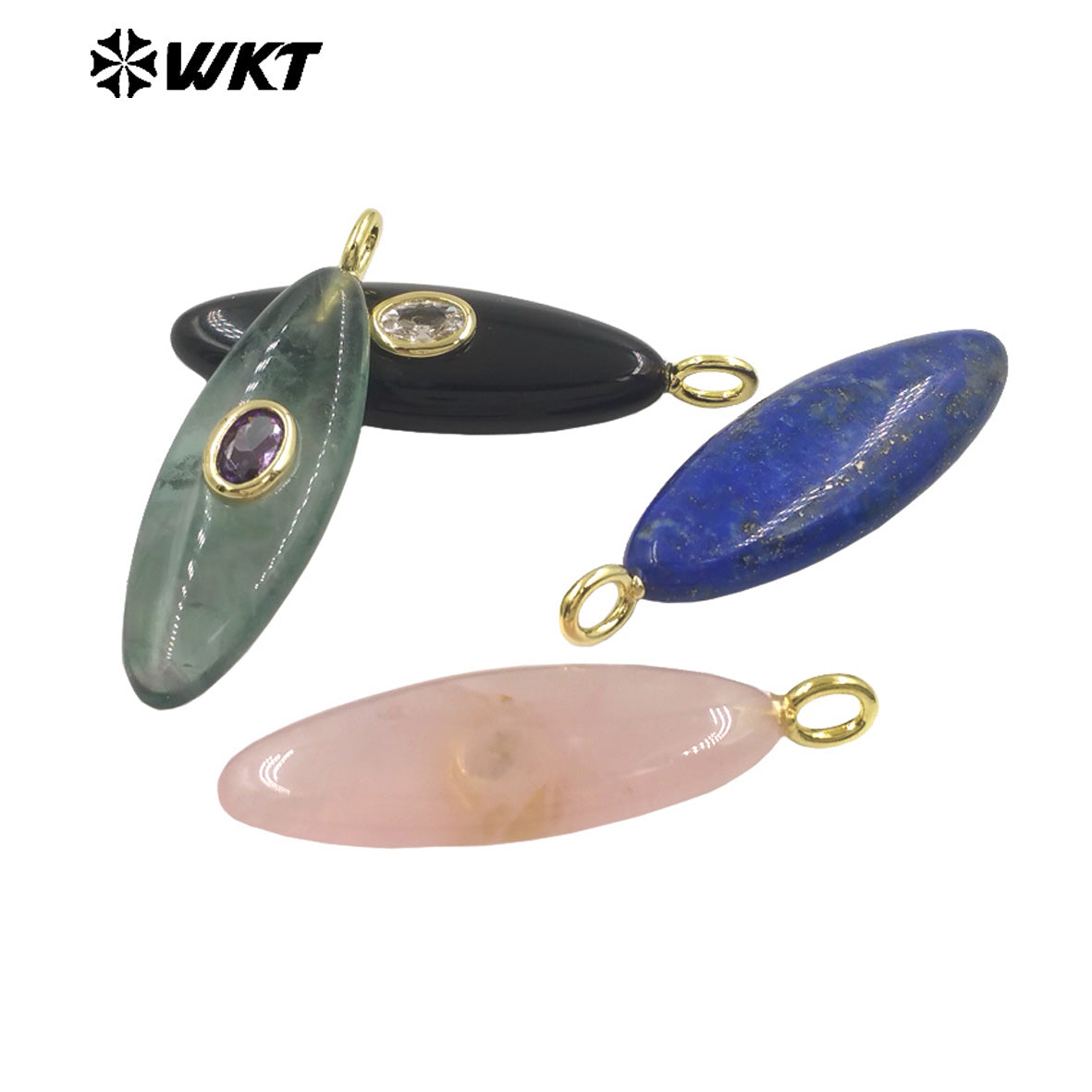 WT-P2053 Popular Style Zircon Gold Plated Natural Gemstones Long Oval Shape Pendants For Women Necklace Making Findings