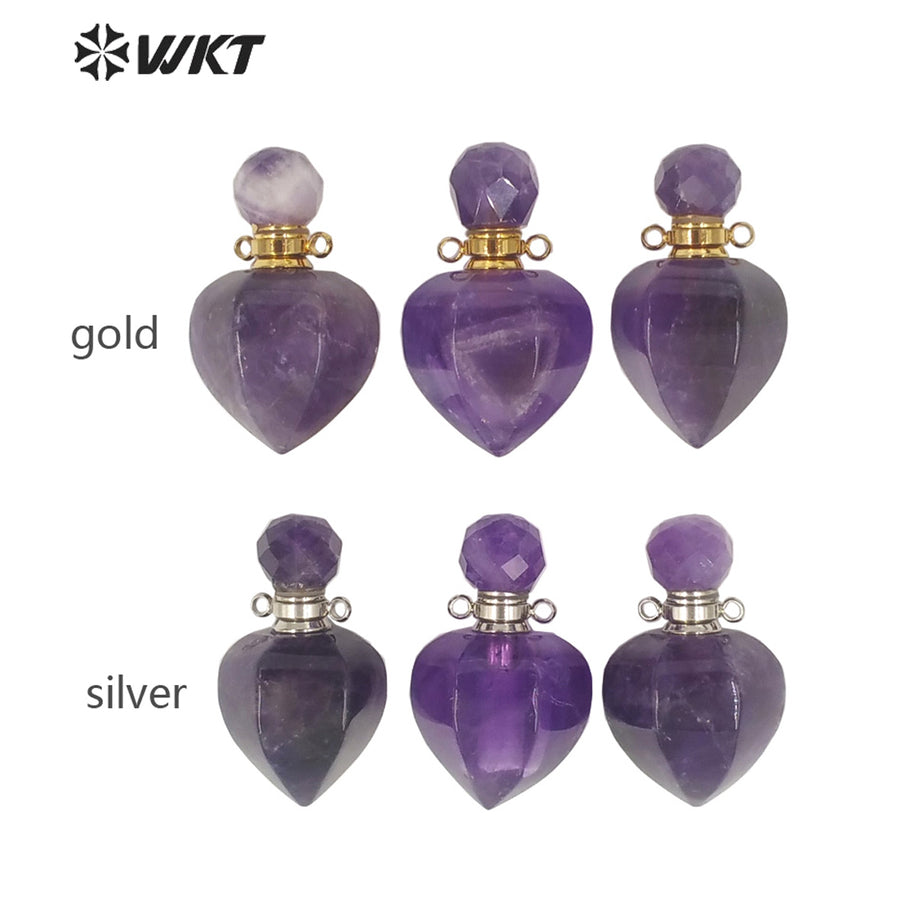 WT-P1635 WKT New Design Natural Stone Amethyst Perfume Bottle Drop Pendant Lady Jewelry Stone Perfume Bottle Pendant As Gift