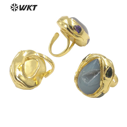 WT-R500 Gorgeous 18K Gold Plated Natural Druzy Geode Agate Teardrop Fashion Designer Unique Grey Stone Jewelry Ring