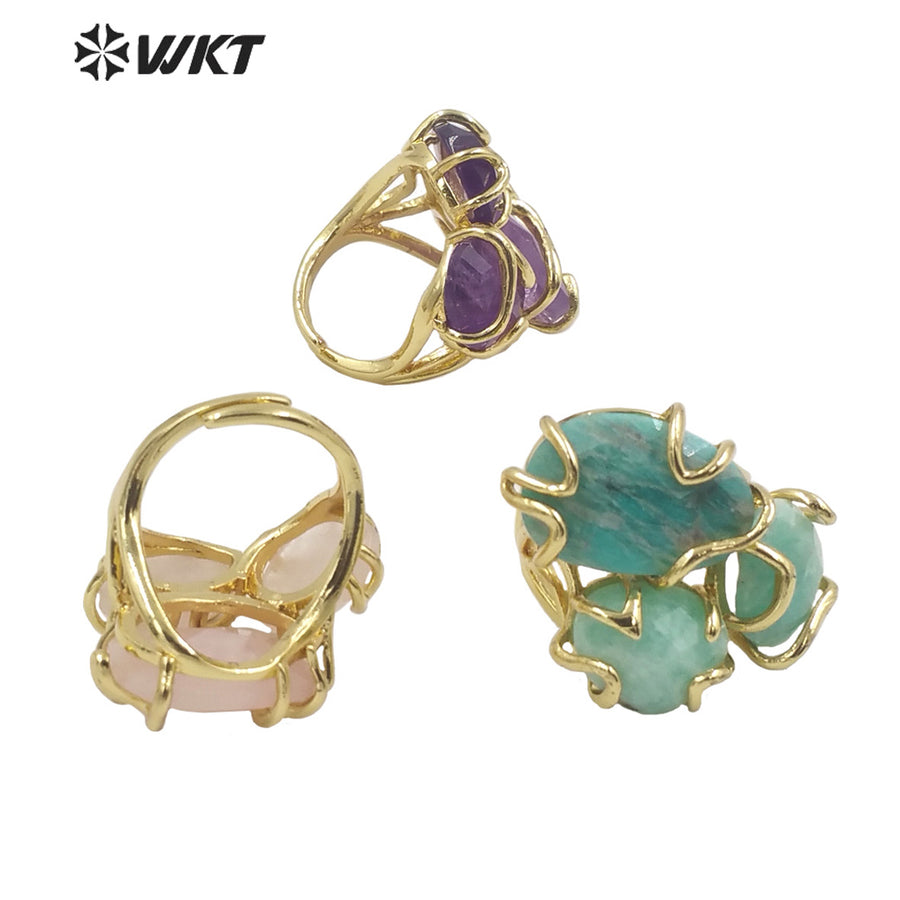 WT-R419 Gorgeous New Collection Stone Ring Women Gold Plated Triple Natural Stone Prong Setting Cocktail Ring for Party Court