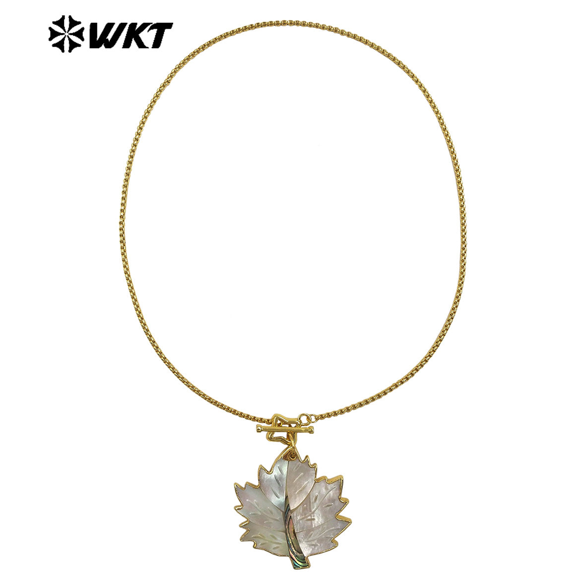 WT-JN354 Charming Exquisite Gold Plated Chain With Star Clasp And Natural Shell Maple Leaf Pendant Necklace As Anniversary Gift