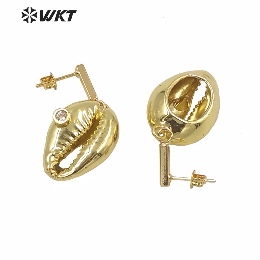 WT-MPE048 WKT Amazing Gorgeous Natural Full Gold Dipped Cowrie Shell Earrings Fashion Lady Charming Dangle Conch Shell Earrings