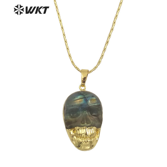 WT-N1461 Wholesale Fashion Gold Dipped Natural Flashy Stone Hand Carving Labradorite Skulls Necklace