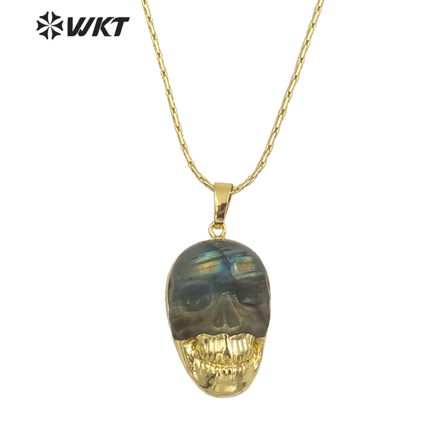 WT-N1461 Wholesale Fashion Gold Dipped Natural Flashy Stone Hand Carving Labradorite Skulls Necklace