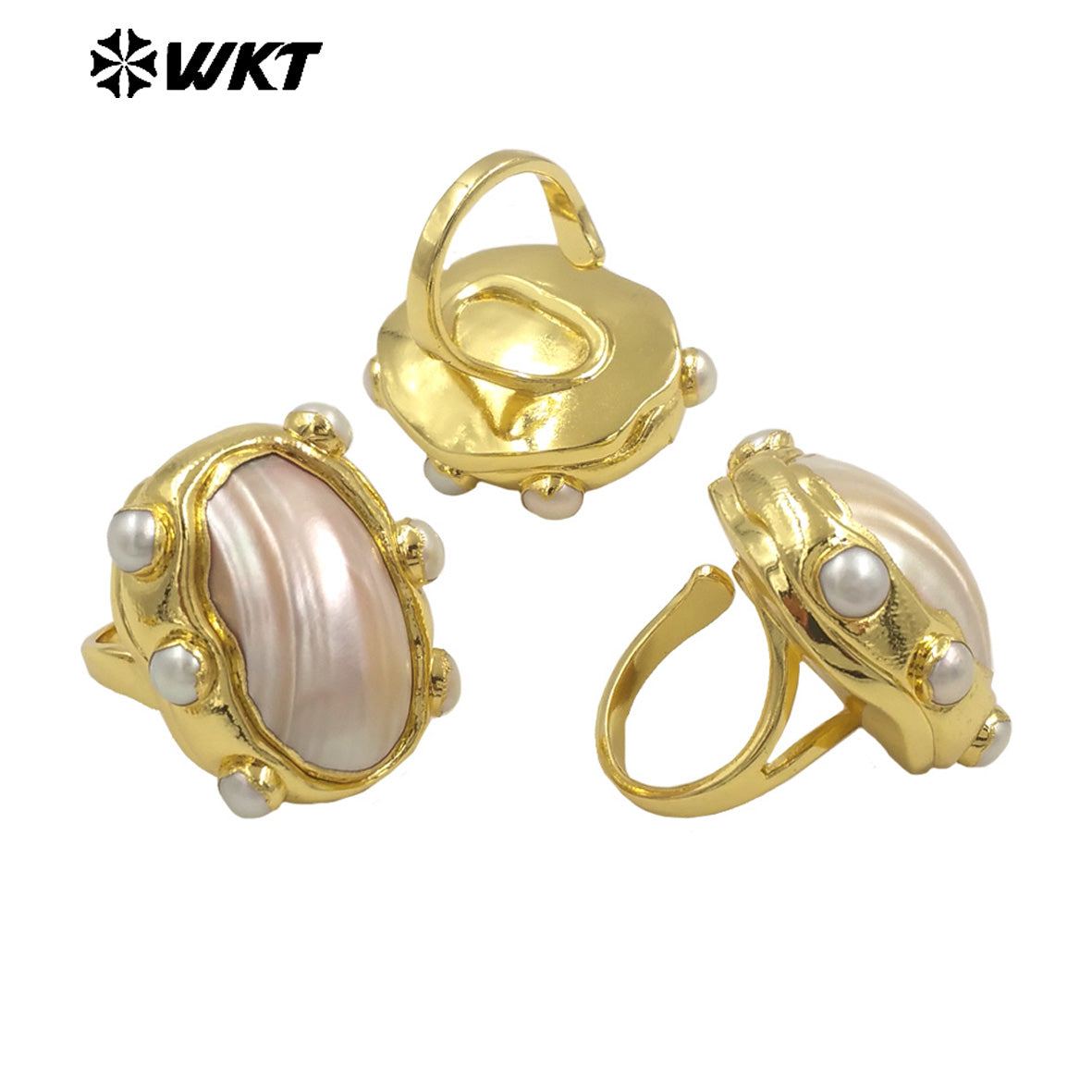 WT-MPR113 Wholesale18K Gold Plated Oval Adjustable Pink and White Pearl Combination Large Mabe Shell Ring As Anniversary Gift