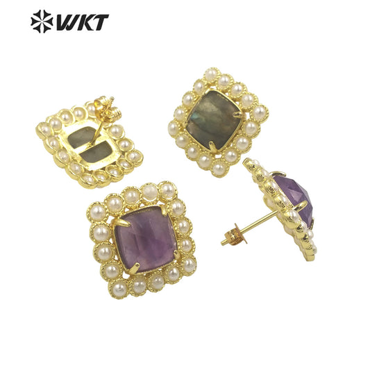 WT-MPE120 Amazing Elegant Square Artificial Pearl With Natural Stone Claw Setting Women Bohemian Studs