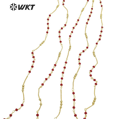 WT-RBC197 Amazing Women Handmade Gold Plated Jewelry Findings Chain in Brass with Red Beads Mix Link Chain Satellite Chain
