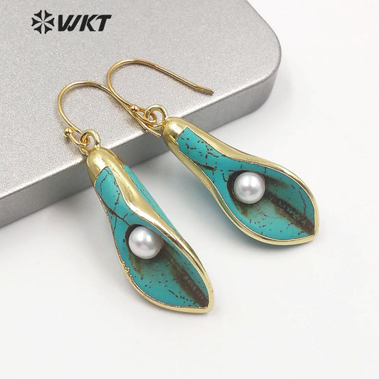 WT-E605 Fashion Natural Turquoise Earring With Pearl Charm Speaker Shape Flower Earring Turquoise Hoop Earrings