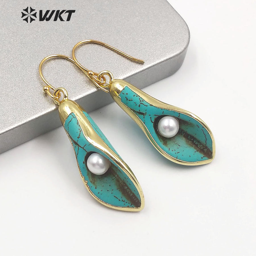 WT-E605 Fashion Natural Turquoise Earring With Pearl Charm Speaker Shape Flower Earring Turquoise Hoop Earrings