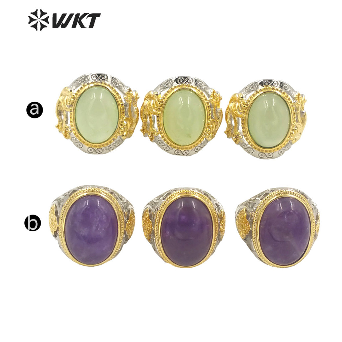 WT-R408 Noble Design Hollow Carved Flower Intricate Craft Rings Round Natural Amethyst Rings Adjustable Natural Stone Rings
