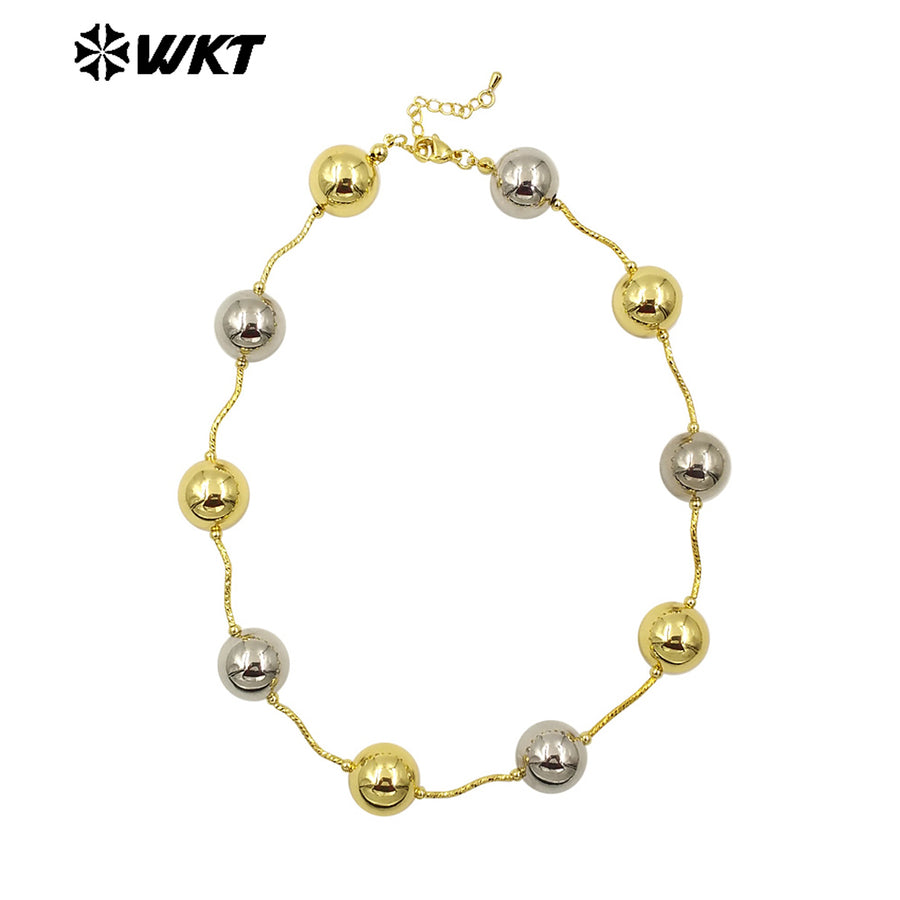 WT-JFN07 Wholesale Fashion 18K Gold Plated Resist Tarnishable Round Big Brass Ball Beads Necklace With Popular Connect Pipe