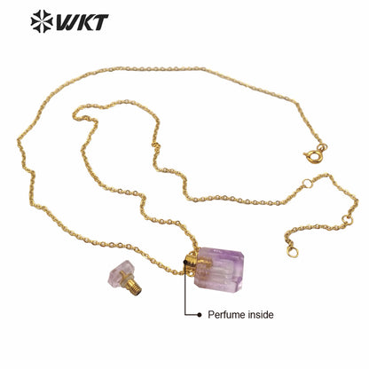 WT-N1239 Amazing Gold Electroplated Mini Cabochon Faceted Natural Stone Perfume Bottle Necklace Women Hot Essential Oil Necklace