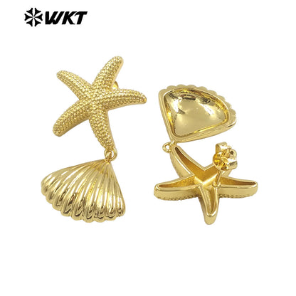 WT-E762 New Design 18K Gold Plated and Silver Star Shell Earrings Perfect for Women on the Beach As Daily Decoration and Gift