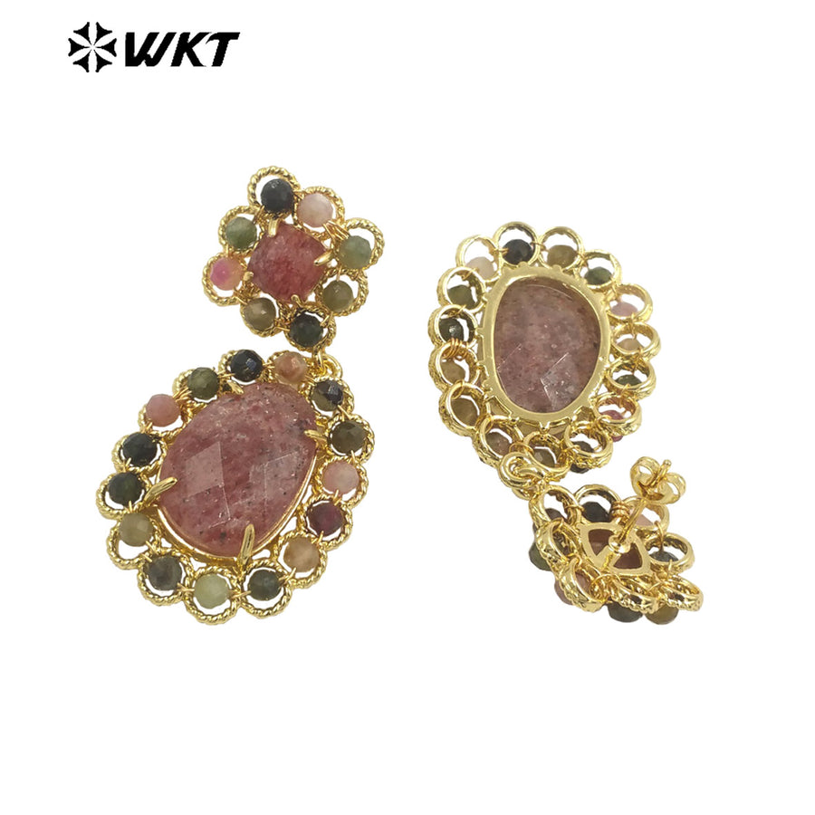 WT-E724 WKT Precious Natural Gemstone Carved with Wire Wrapped Tiny Stone Beads Made Earrings Charming Gorgeous Lapis Earrings