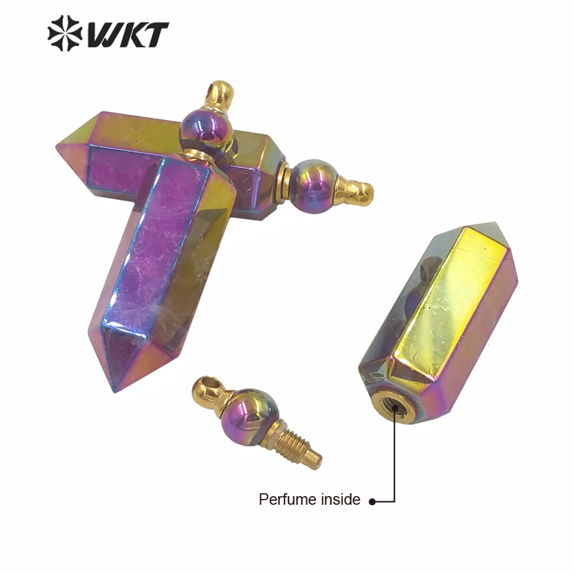 WT-P1615 Amazing Gold Hexagon Spirit Quartz Women Fashion Perfume Bottle Pendant New Spirit Point Essencial Oil Pendant Rainbow