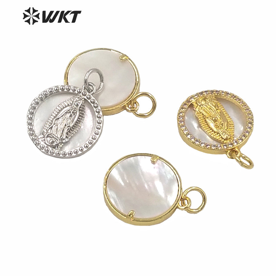 WT-MP156 WKT New Charming 15MM Natural Round Mop Shell Pendants Fashion Populared White Shell Gold Virgin Mary Pendants
