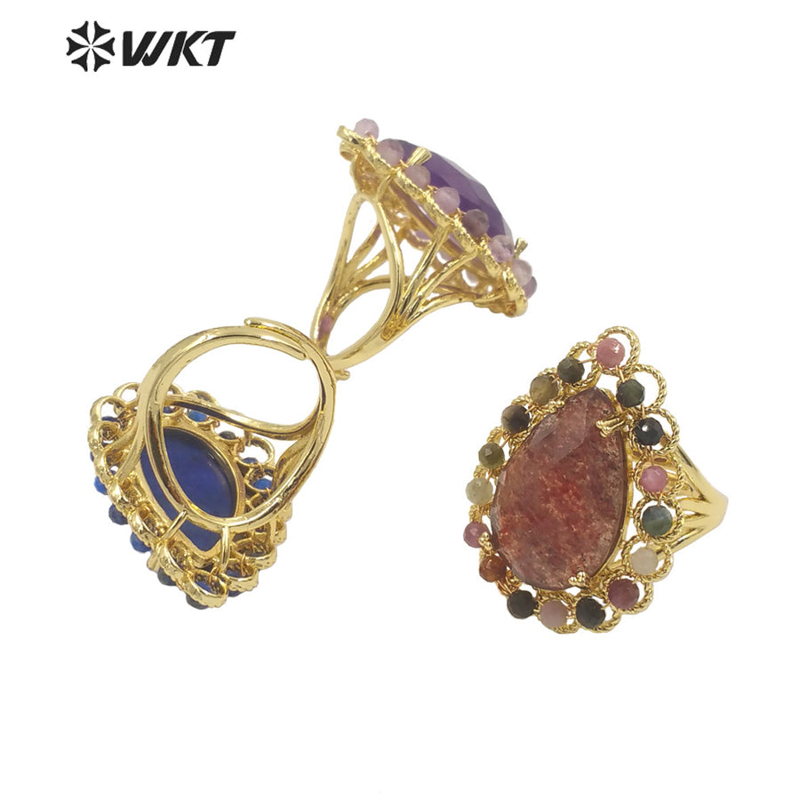 WT-R458 Gorgeous Invisible Setting Natural Teardrop Stone Ring 18k Gold Plated Precious Gemstone Drop Anniversary Ring
