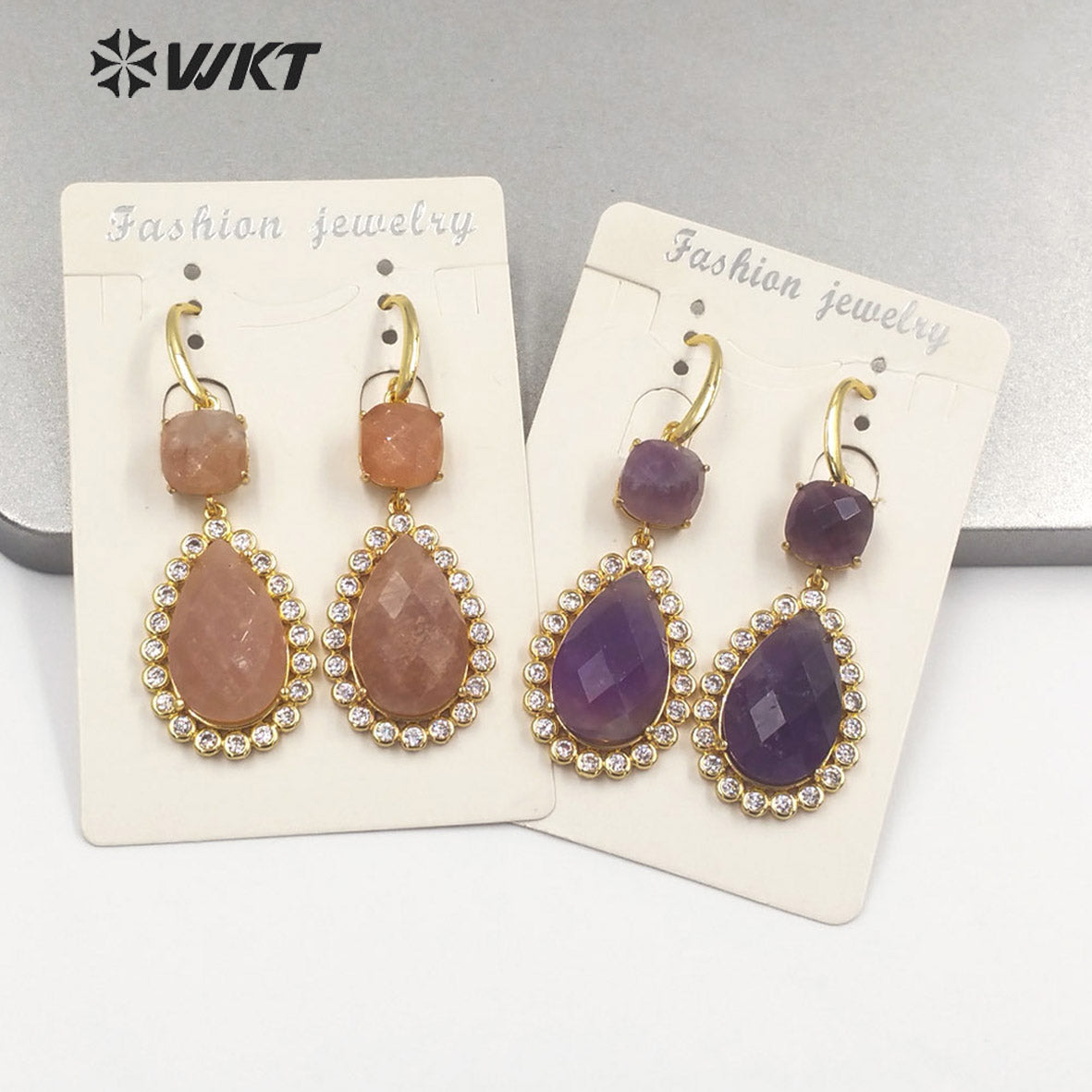 WT-E697 Wholesale Fashion Micropaved Cubic Zircon Setting Stone Earrings Attractive Long Drop Gemstone Hoop Earrings for Gift