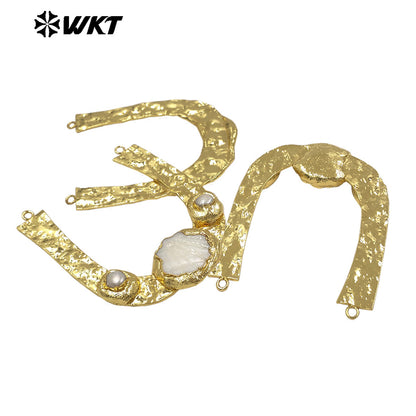 WT-PC014 High Quality 18K Gold Plated Double Loops Natural Freshwater Pearl And Shell Design Connector For Handmade Necklace