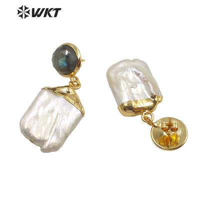 WT-MPE006 Wholesale Natural Pearl With Labradorite Stone Earring Fashion Lady Pearl Earring Charming Labradorite Earring