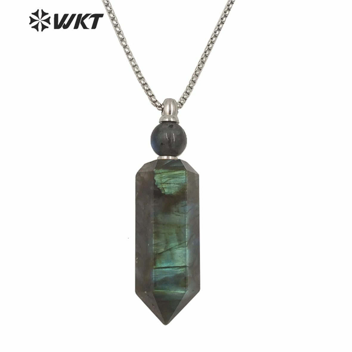 WT-N1257 Wholesale New Color Natural Labradorite Cube Stone Point Stainless Steel Perfume Bottle Necklace for Women