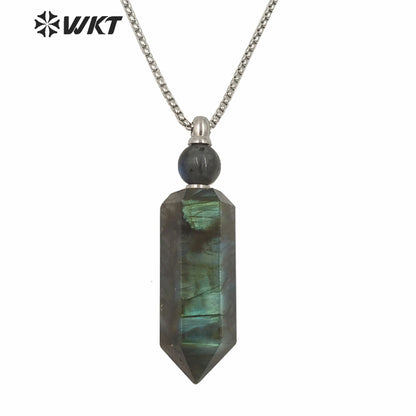 WT-N1257 Wholesale New Color Natural Labradorite Cube Stone Point Stainless Steel Perfume Bottle Necklace for Women