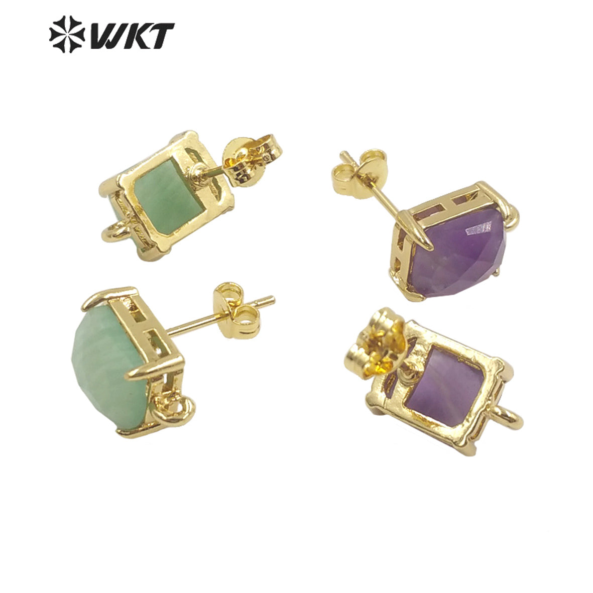 WT-E677 Newest Design Fashion Gold Plated Claw Setting Long square Gemstone Made Jewelry Findings Earrings Studs