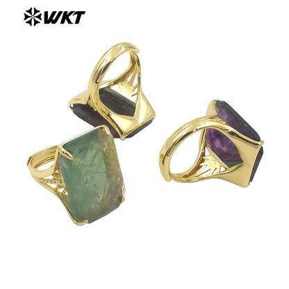 WT-R515 Wholesale Fashion Gold Plated Natural Rainbow Fluorite Stone With Claw Setting Long Square Women Ring