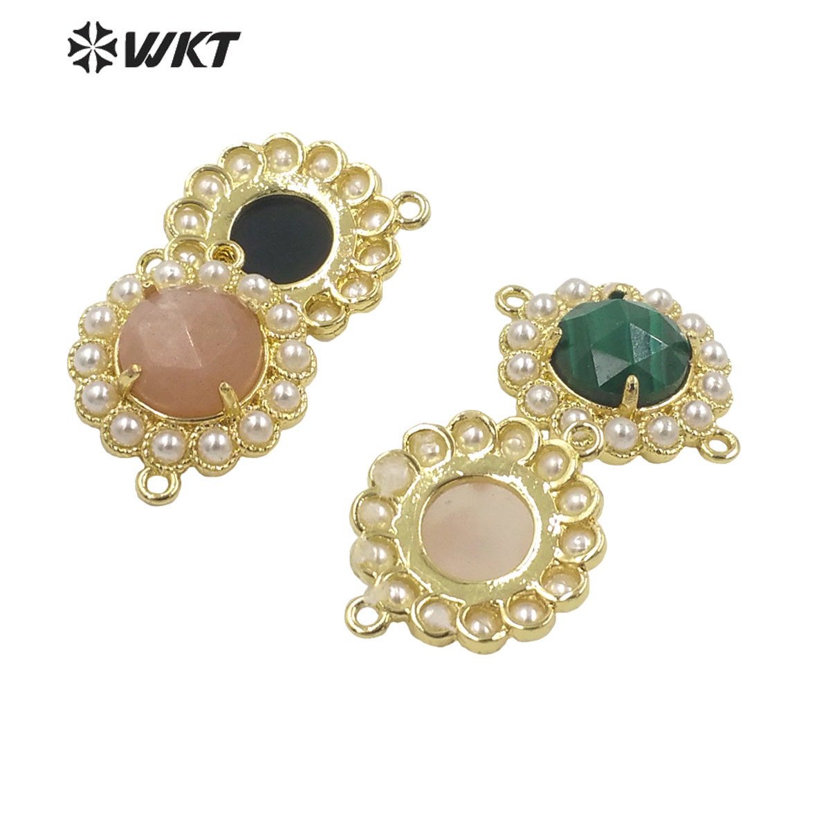 WT-PC005 Wholesale Fashion Gold Plated Double Loops Round Stone With Shell Pearl Around With Claw Setting Connector Findings