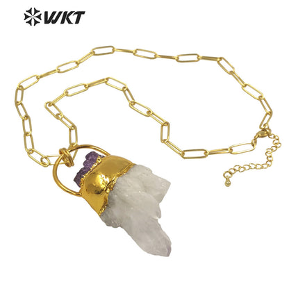 WT-N1275 Unique New Design Popular Natural Cluster Quartz Necklace With Amethyst Decorative Fashion Gold White Crystal Necklace