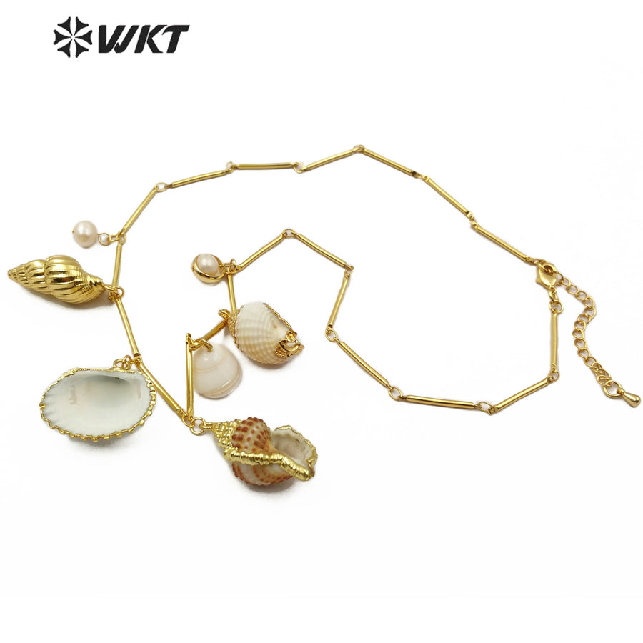 WT-JN098 New Design Natural Pearl and Trumpet Shell Necklace With Gold Electroplated Fashion Seashell Jewelry Necklace