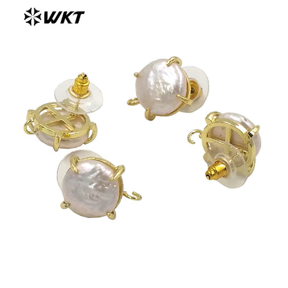 JFE81 Unique Fashion Gold Claw Setting Round Coin Freshwater Pearl Studs with Hoop for Jewelry Making Women DIY Popular Ear Stud