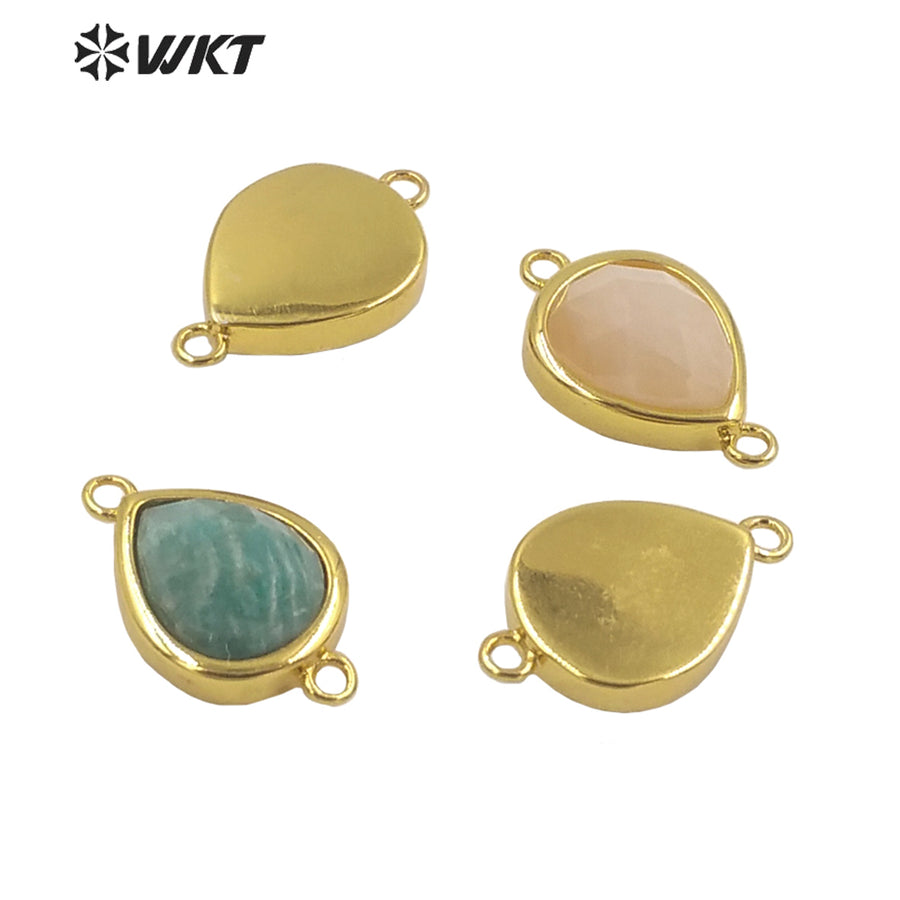 WT-C308 Lovely Natural Gemstone Teardrop Connector Pendants 18k Real Gold Plated Bezel Double Loops Drop Stone Charms