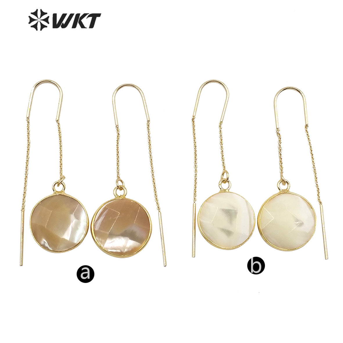 WT-E600 Stylish Round Faceted Polish Bright Shell Dangle Earrings Gold Bezel Charm Lady Round Shell Earrings for Gift
