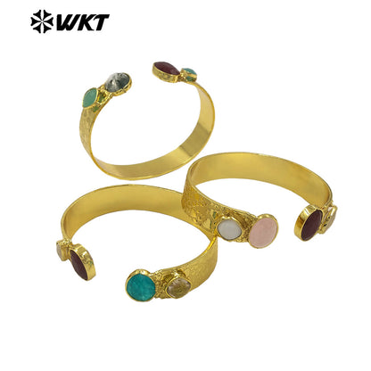 WT-B706 Top Qualiy Vintage Style 18K Gold Electroplated Natural Multiple Gemstones Cuff Women Bangles As Birthday Gift