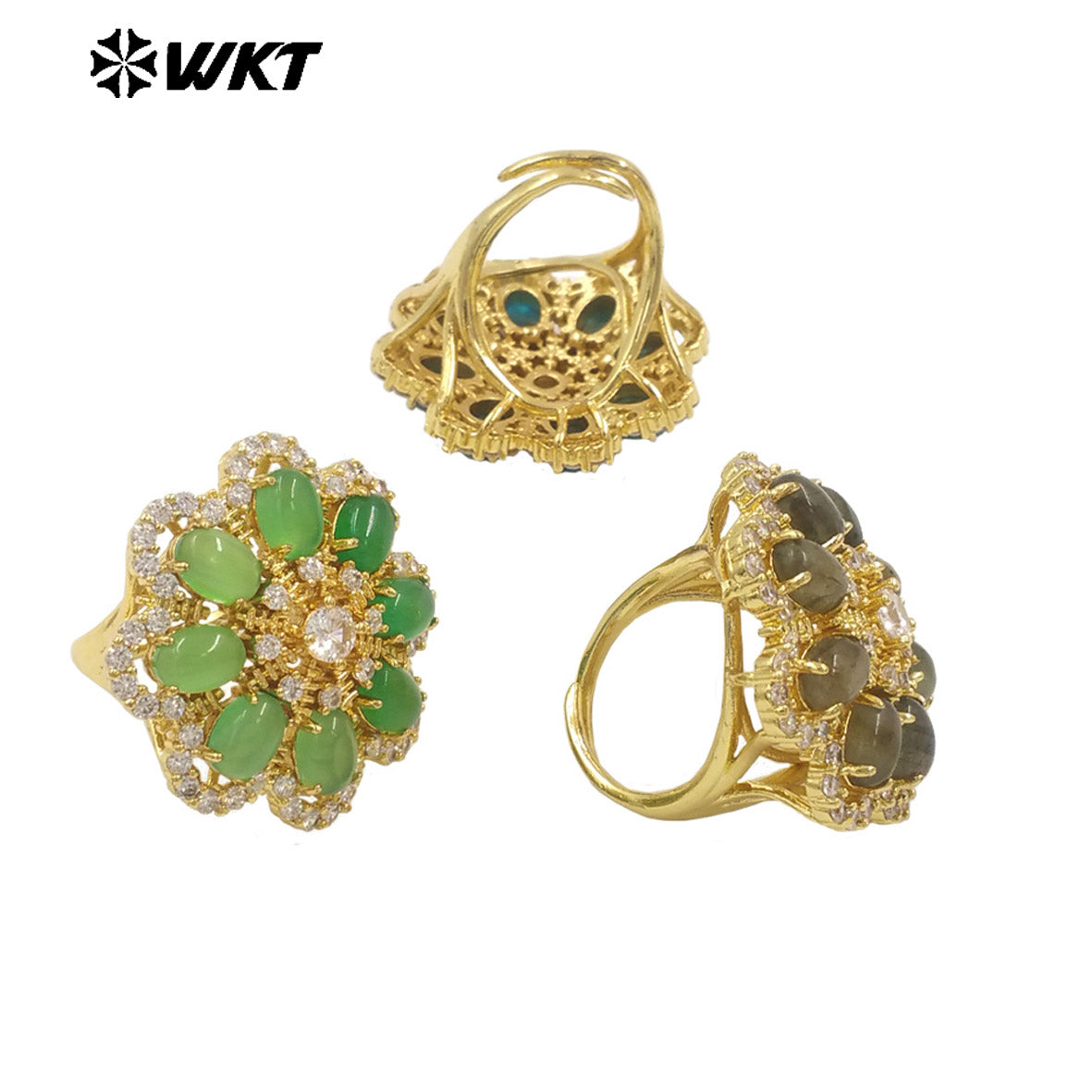 WT-R542 Wholesale Fashion Gold Micro Pave Cubic Zircon With Natural Gemstone Setting Beautiful Women Flower Ring