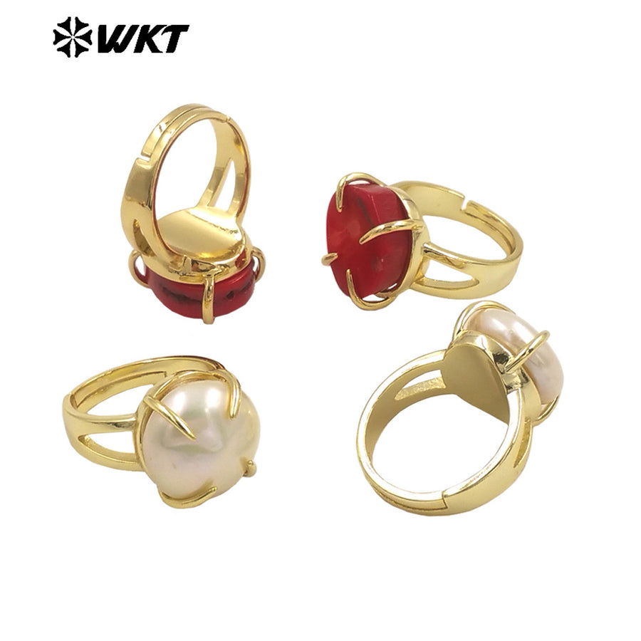 WT-MPR109 High Quality Round Shape Red Coral and Pearl With 18k Gold Plated Ring for Unisex or Couple Accessory