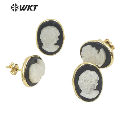 WT-MPE071 French Pastoral Earrings Delicate and Elegant Black Agate Pearl Earrings Human Head Natural Pearl Stud Earrings