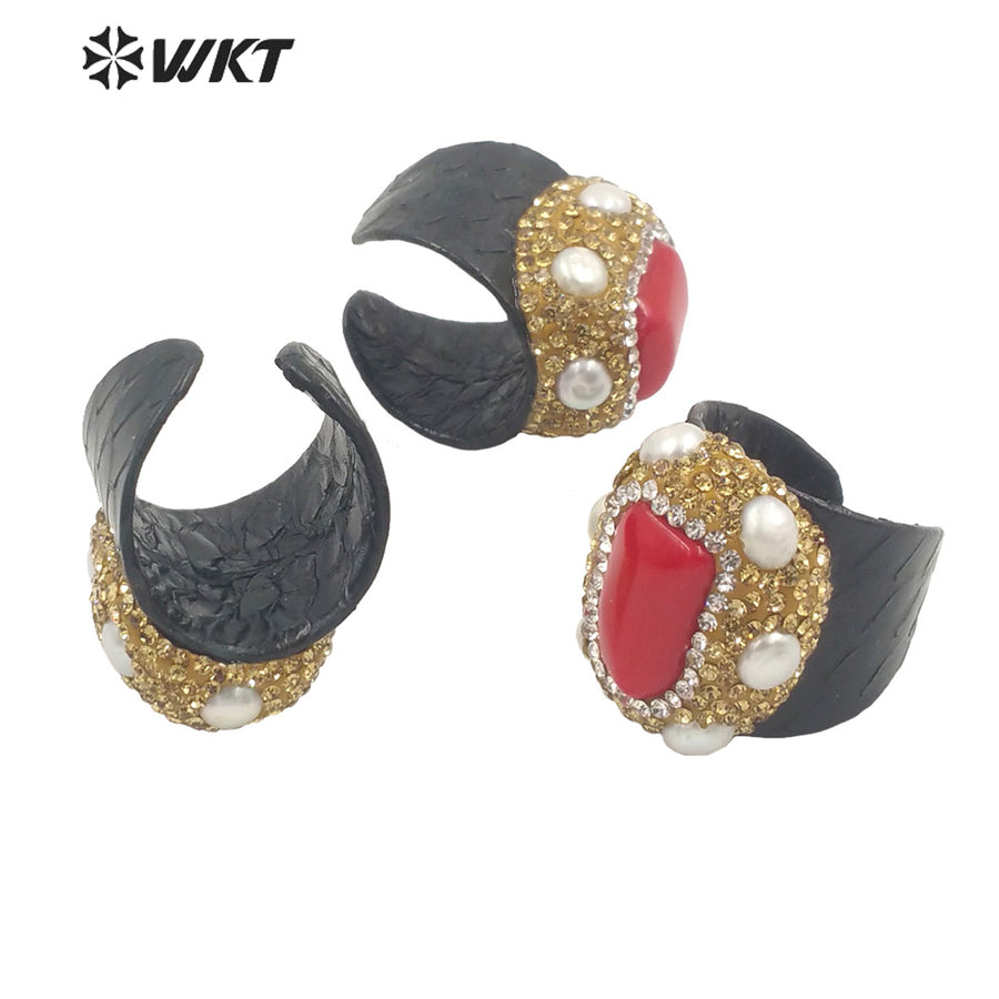 WT-R432 Women Magic Black Genuine Leather Red Coral Ring with Pearl Charm Elegant Rhinestone Pave Party Ring