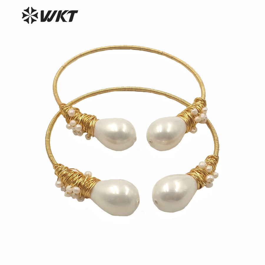 WT-MPB014 Amazing Double Pearl Bangle in Adjustable Size Women Fashion Gold Water Drop Shell Cuff Bangle With Charms Jewelry