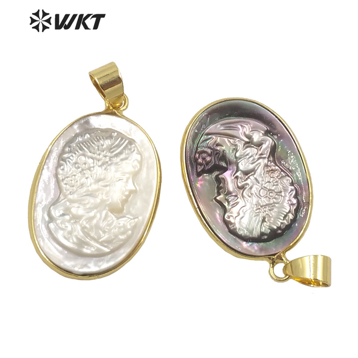 WT-JP269 Wholesale Fashion Gold Bezel Oval Chic Beauty Image Pendant Handmade Natural Shell Gorgeous Women Jewelry Big Pendant