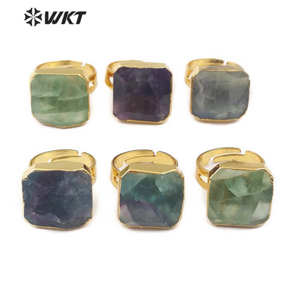 WT-R211 Natural rainbow Fluorite square Gemstone Rings, Fashion Raw Fluorite Stone Rings with 18K Gold Dipped